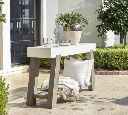 Mixed finishes are perfectly balanced in the modern, organic Rochelle console table